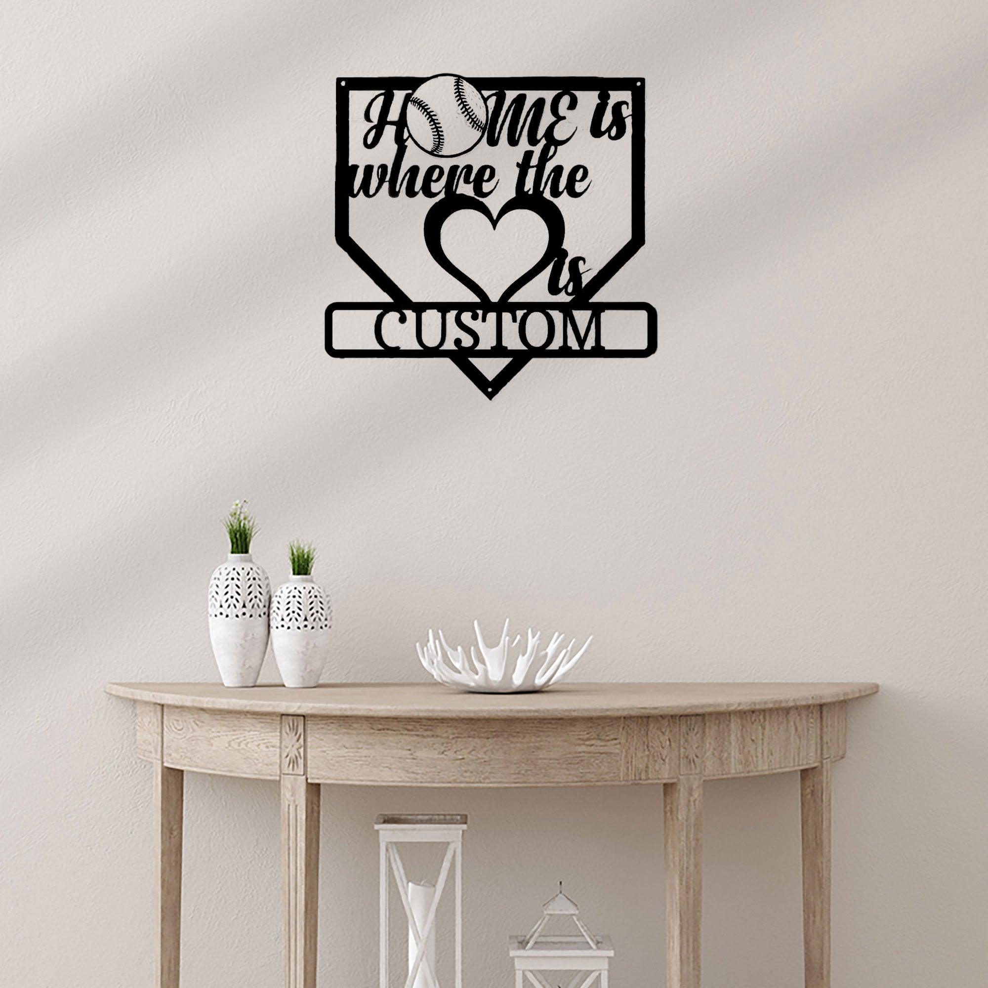 Baseball Home Is Where the Heart Is Custom Name Metal Art Wall Sign - Mallard Moon Gift Shop