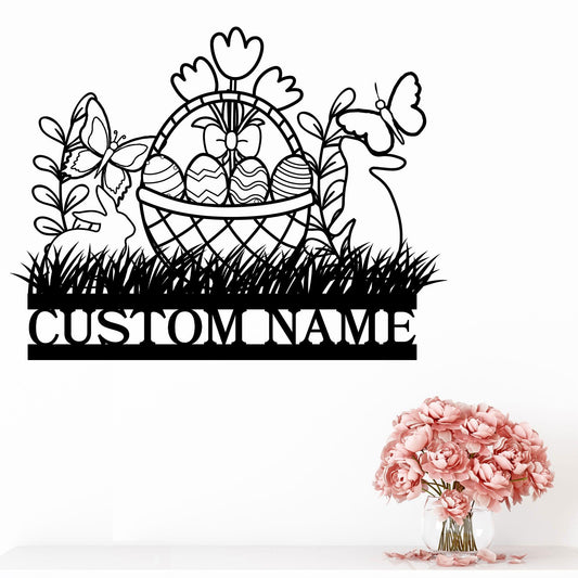 Personalized Easter Basket Bunny Rabbit Metal Art Wall Sign - Mallard Moon Gift Shop