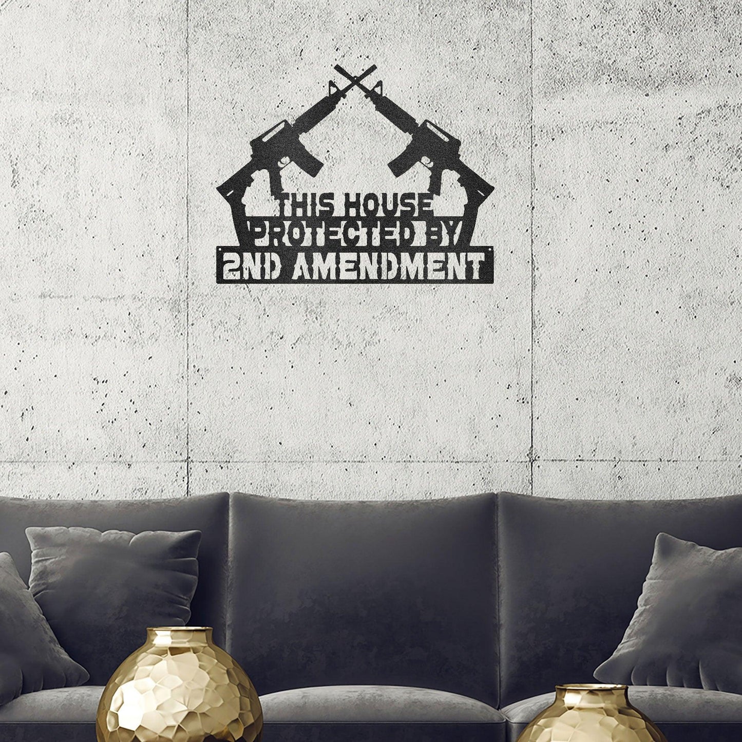 Patriotic Metal Wall Sign Art - This House Protected by Second Amendment - Mallard Moon Gift Shop