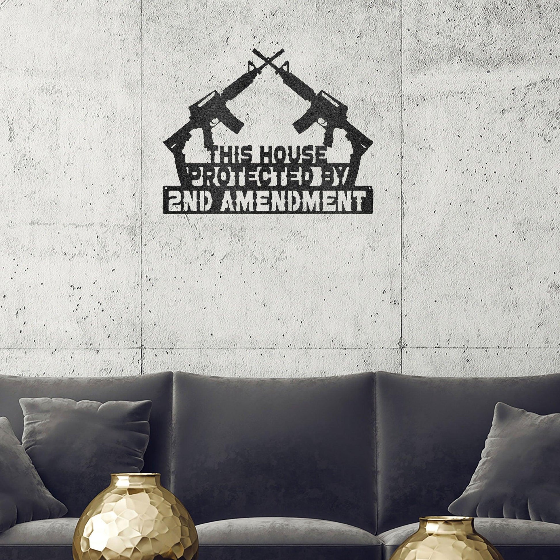 Patriotic Metal Wall Sign Art - This House Protected by Second Amendment - Mallard Moon Gift Shop