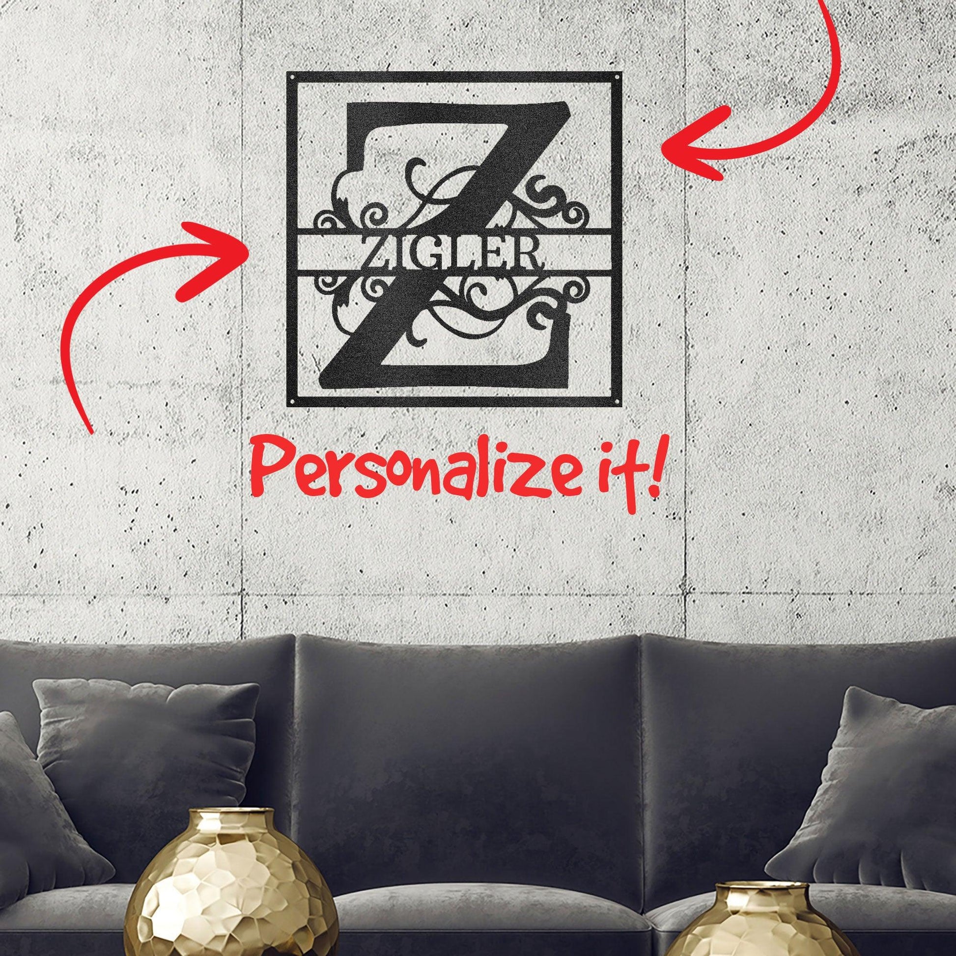 Personalized Split Square Custom Initial and Name Steel Wall Sign Metal Art - Mallard Moon Gift Shop