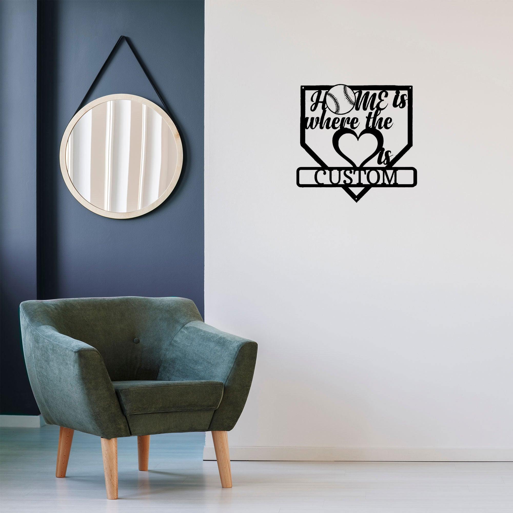 Baseball Home Is Where the Heart Is Custom Name Metal Art Wall Sign - Mallard Moon Gift Shop