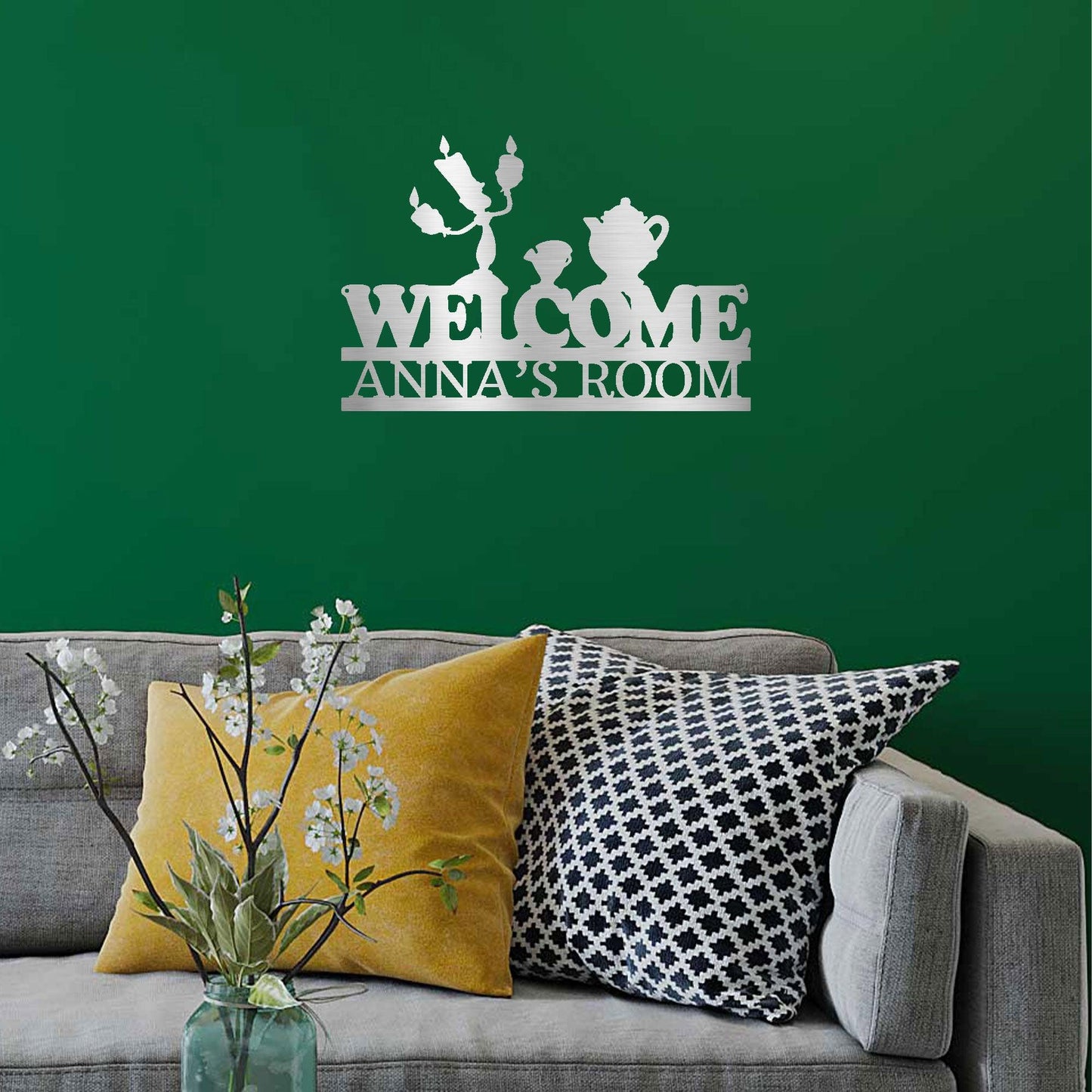 Candlestick and Teacup Beaty and the Beast Characters Welcome Custom Name Metal Art Wall Sign - Mallard Moon Gift Shop