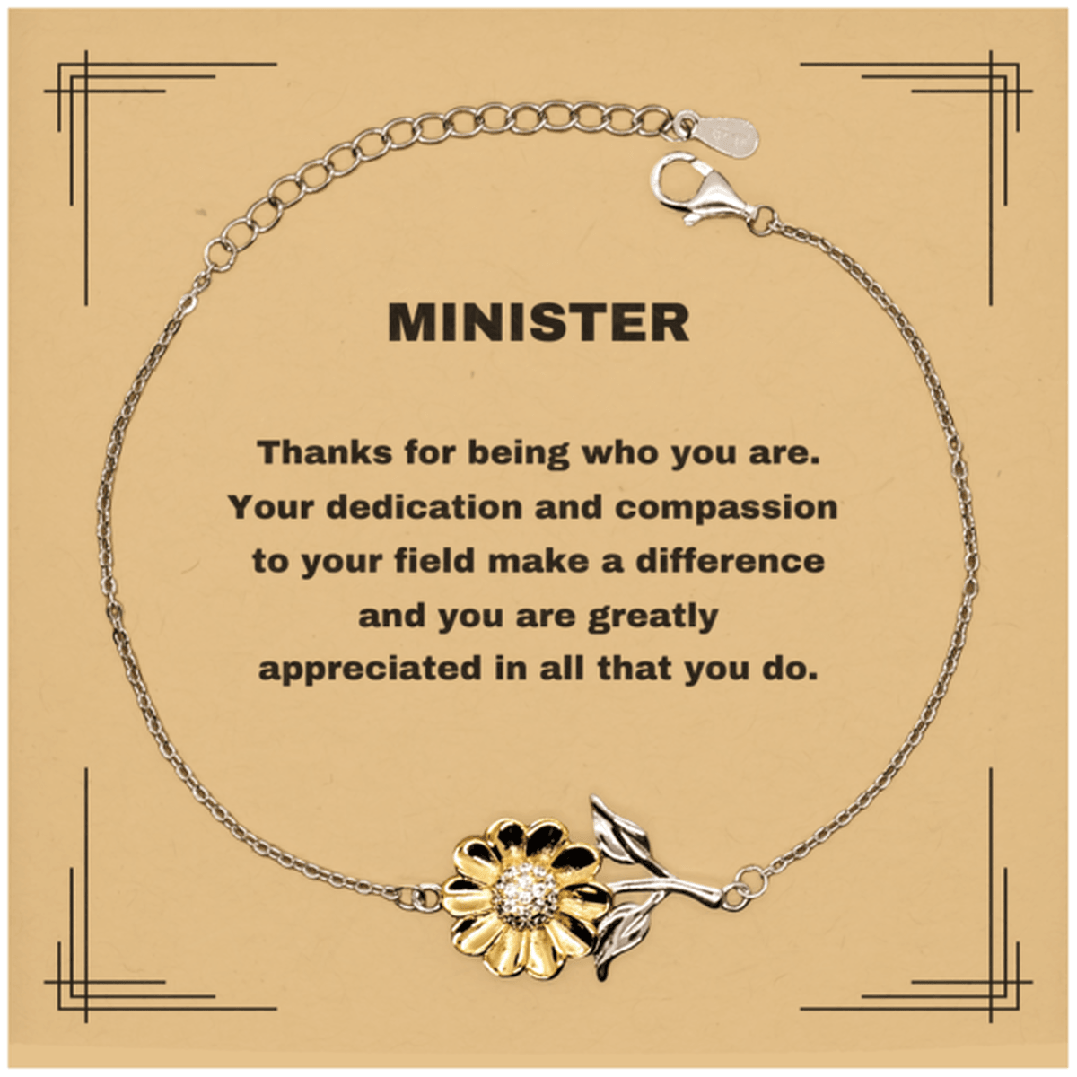 Minister Sunflower Bracelet - Thanks for being who you are - Birthday Christmas Jewelry Gifts Coworkers Colleague Boss - Mallard Moon Gift Shop