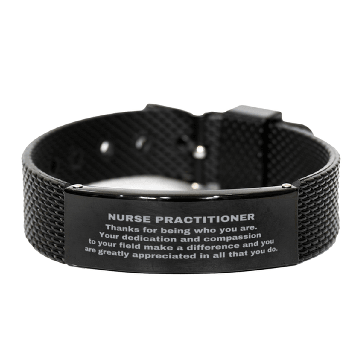 Nurse Practitioner Black Shark Mesh Stainless Steel Engraved Bracelet - Thanks for being who you are - Birthday Christmas Jewelry Gifts Coworkers Colleague Boss - Mallard Moon Gift Shop