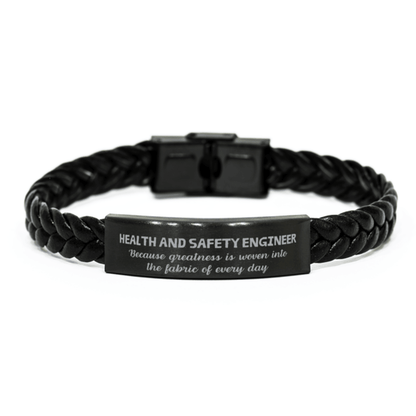 Sarcastic Health and Safety Engineer Braided Leather Bracelet Gifts, Christmas Holiday Gifts for Health and Safety Engineer Birthday, Health and Safety Engineer: Because greatness is woven into the fabric of every day, Coworkers, Friends - Mallard Moon Gift Shop