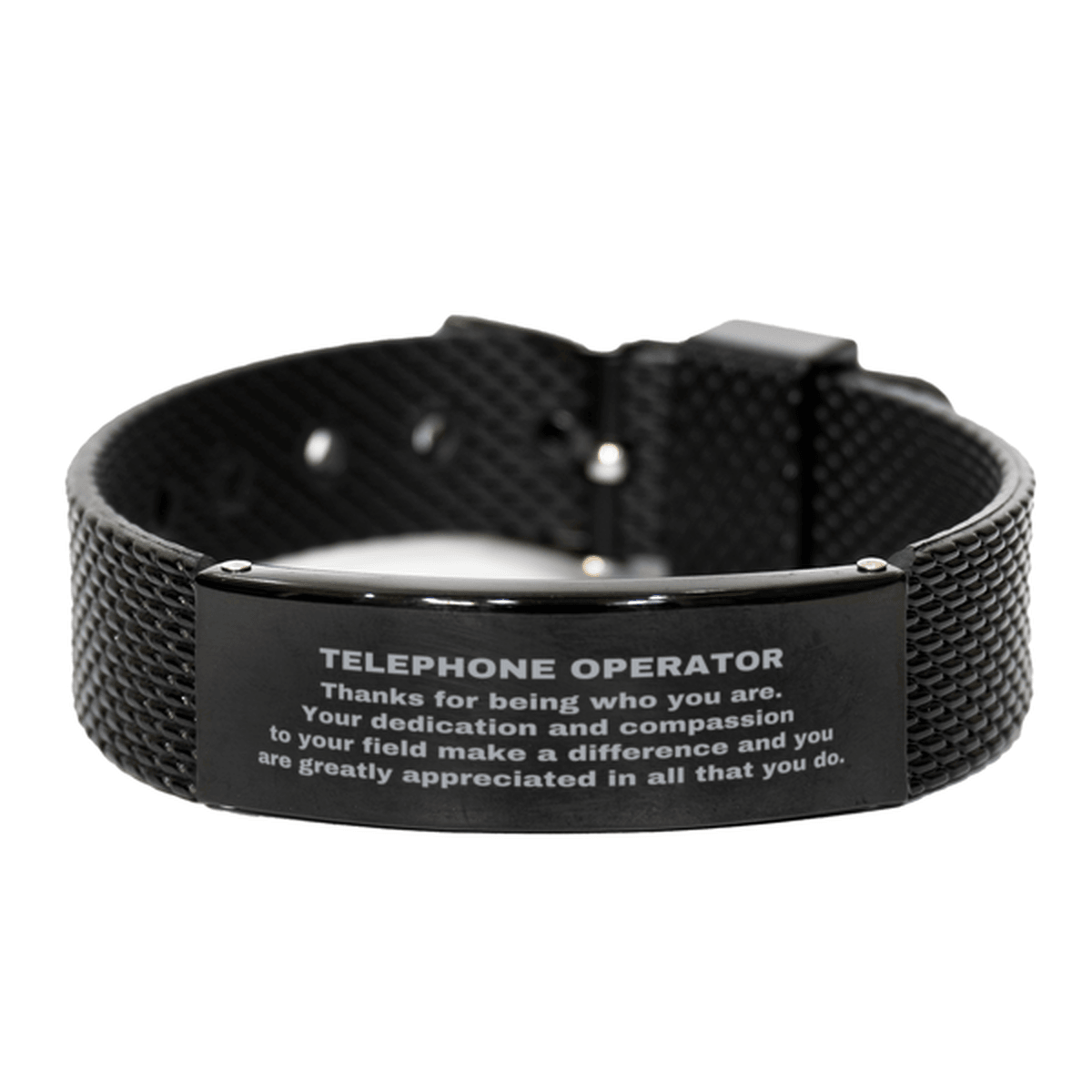 Telephone Operator Black Shark Mesh Stainless Steel Engraved Bracelet - Thanks for being who you are - Birthday Christmas Jewelry Gifts Coworkers Colleague Boss - Mallard Moon Gift Shop