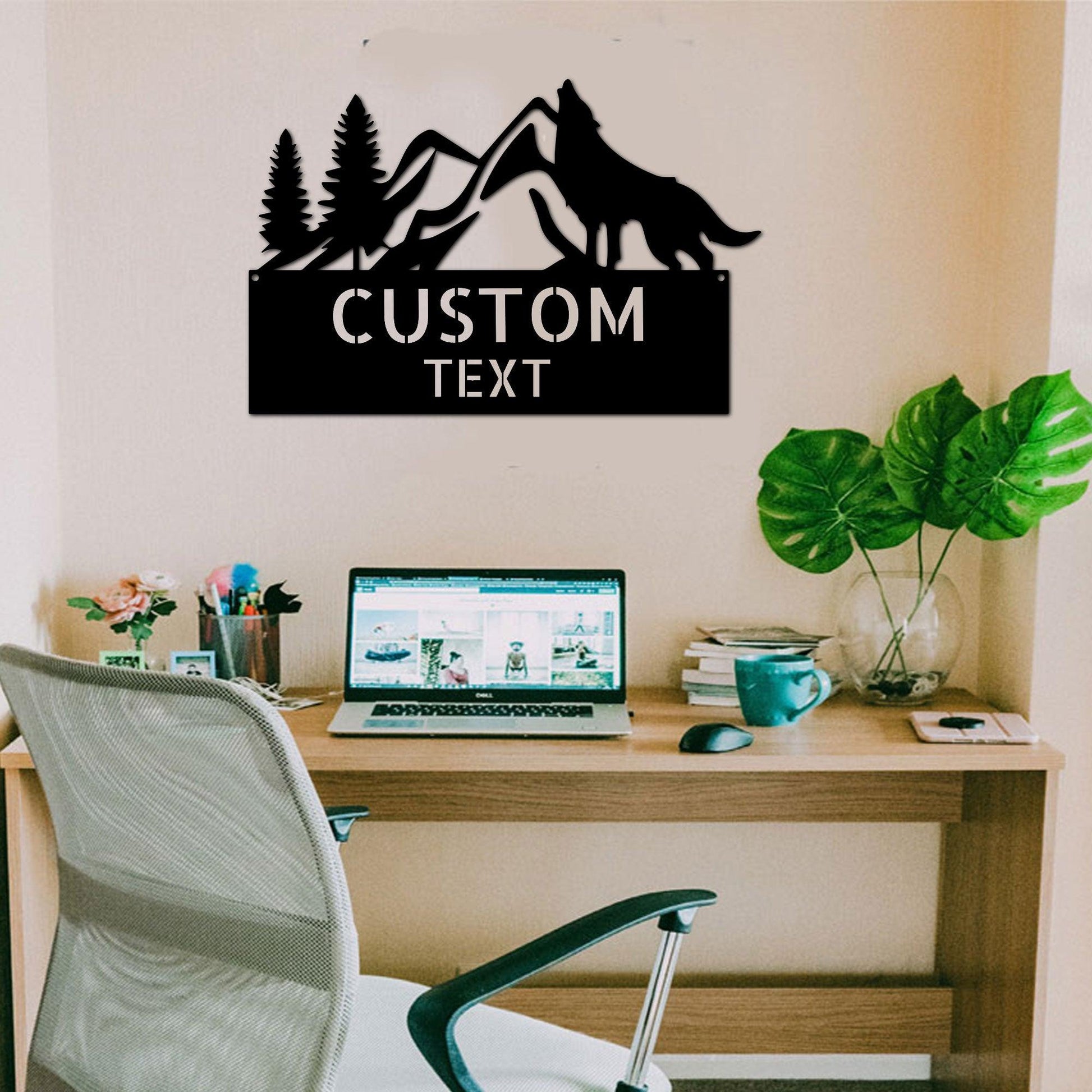 Coyote and Mountains Custom Name Metal Wall Sign - Mallard Moon Gift Shop