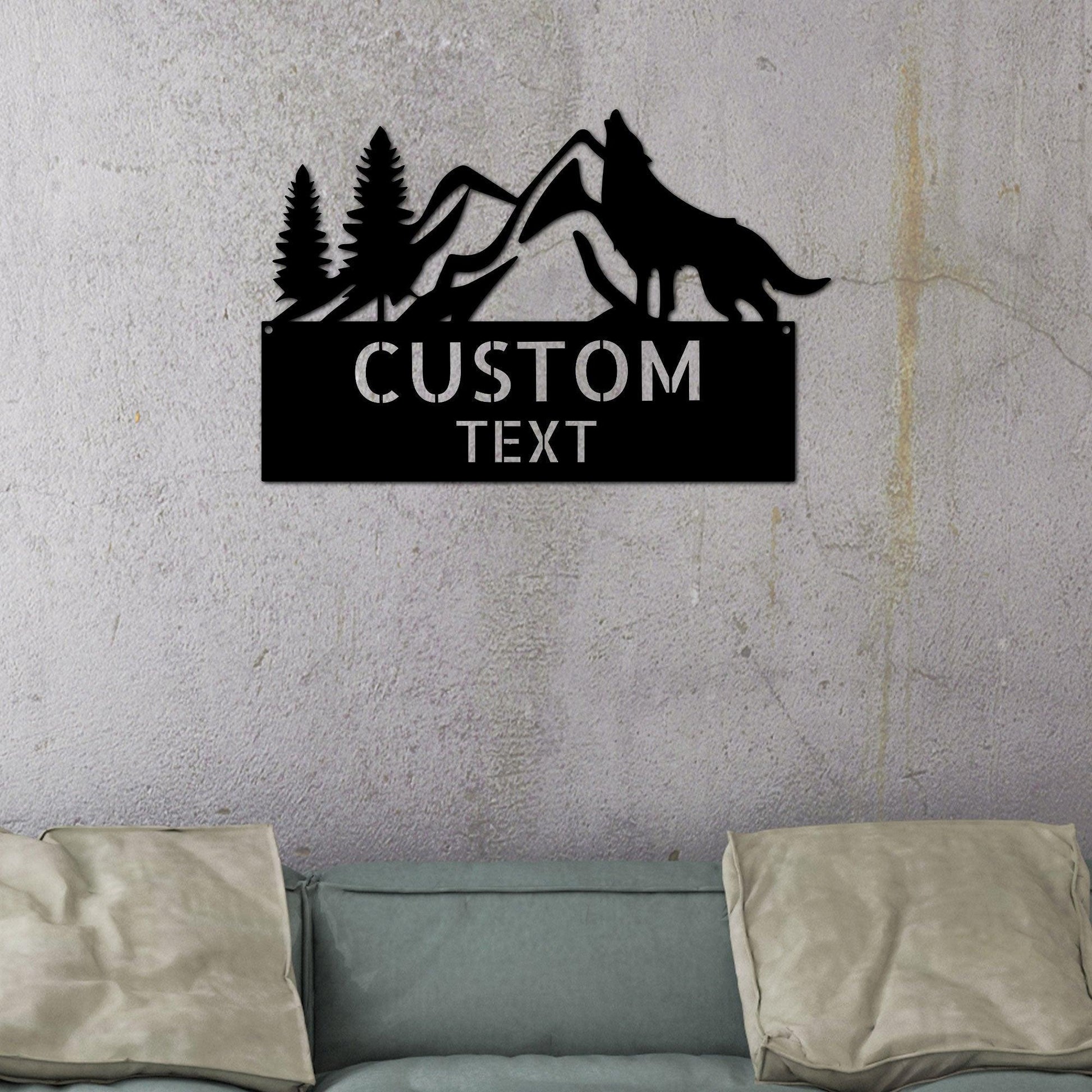 Coyote and Mountains Custom Name Metal Wall Sign - Mallard Moon Gift Shop